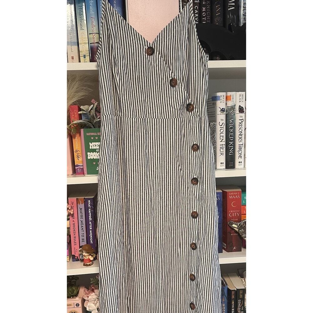 ANA SIZE L NAUTICAL STRIPED FAUX WRAP MIDI DRESS WITH SLIT CLASSIC MINIMALIST